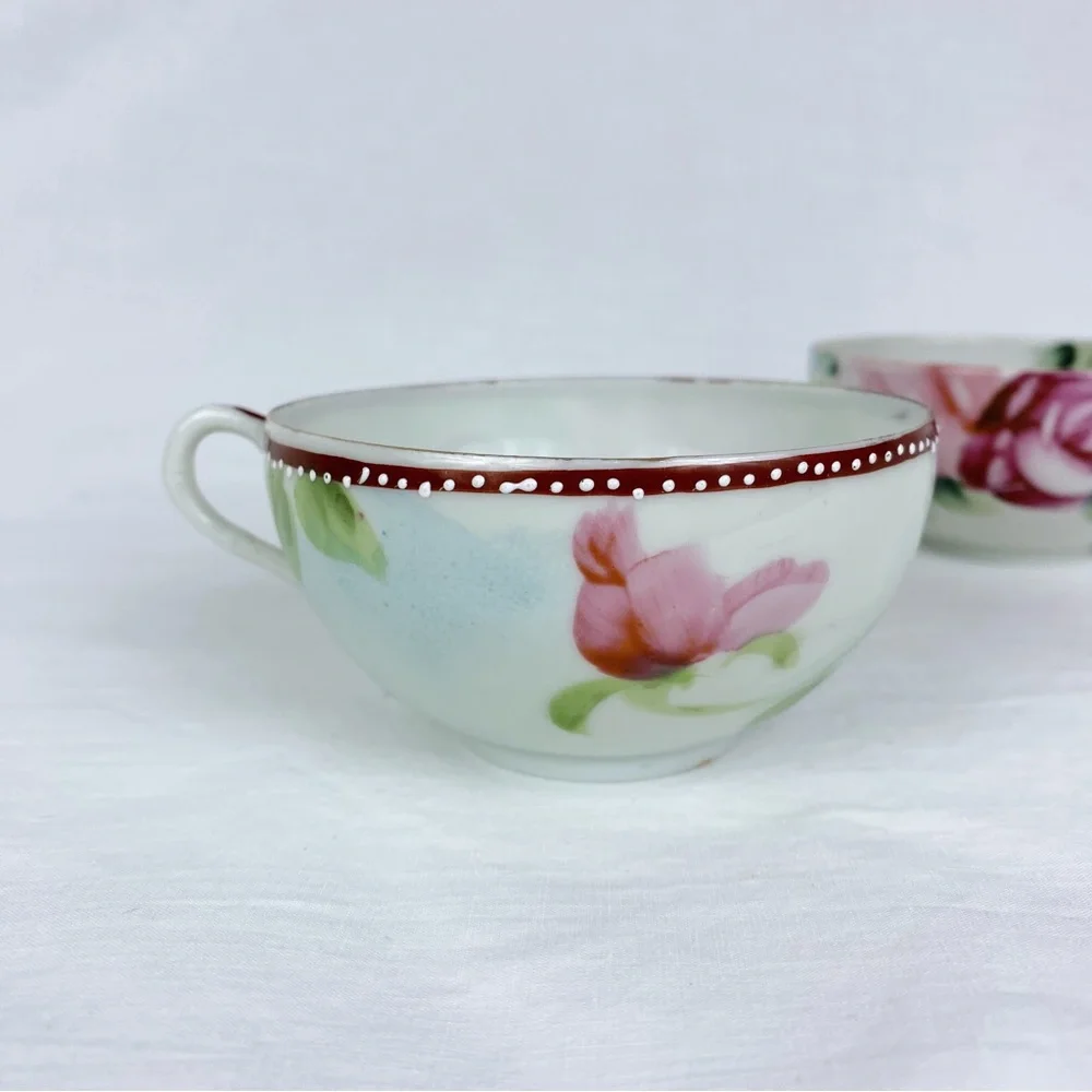 Vintage Japanese Hand Painted Floral Teacups Set of 2